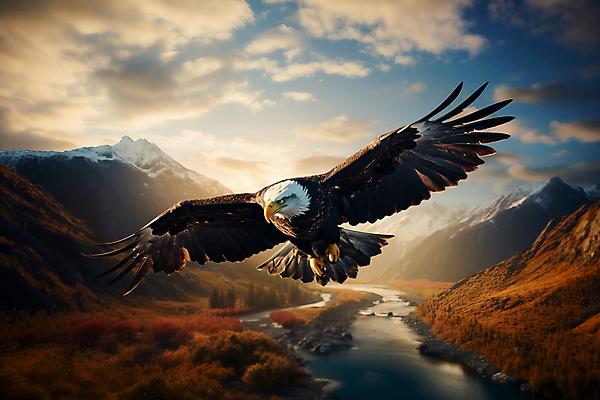 JPG 구름 편집이미지 한마리 하늘 산 사람없음 강 일몰 비행 독수리 흰머리독수리 편집실사 AI포토 AI콘텐츠 자연요소 1 조류 노을 CG 파일형식