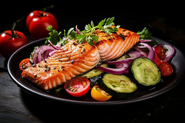 JPG 편집이미지 접시 채소 요리 사람없음 디지털합성 연어 연어스테이크 연어요리 플레이팅 편집실사 AI포토 AI콘텐츠 식기 음식 어류 스테이크 상차림 CG 파일형식