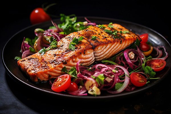 JPG 편집이미지 접시 채소 방울토마토 요리 사람없음 디지털합성 연어 연어스테이크 연어요리 플레이팅 편집실사 AI포토 AI콘텐츠 식기 음식 토마토 어류 스테이크 상차림 CG 파일형식