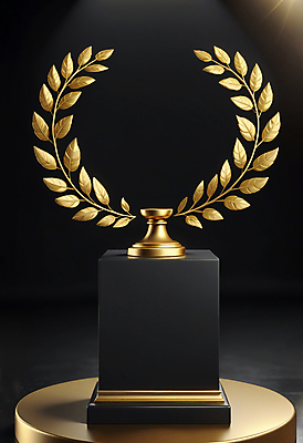 JPG 편집이미지 이벤트 사람없음 빛 금색 우승 황금 트로피 영광 단상 시상 시상식 월계수 편집실사 AI컴퓨터그래픽 AI콘텐츠 감정 컬러 최고 상_우승 CG 파일형식