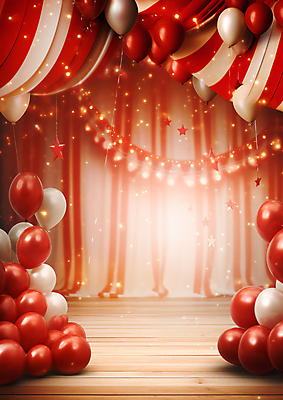 JPG 편집이미지 사람없음 빨간색 반짝임 공간 무대 커튼 서커스 극장 풍선 편집실사 AI포토 AI콘텐츠 컬러 모션 CG 파일형식