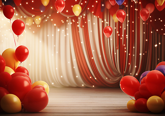 JPG 편집이미지 사람없음 빨간색 반짝임 공간 무대 커튼 서커스 극장 풍선 편집실사 AI포토 AI콘텐츠 컬러 모션 CG 파일형식