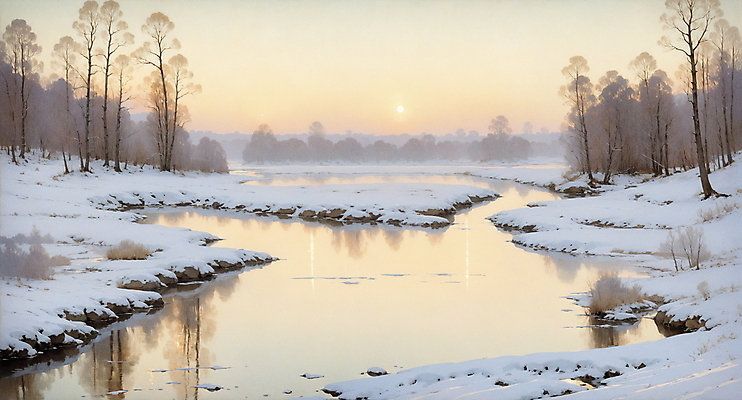 JPG 나무 호수 겨울 일러스트 자연 하늘 풍경 사람없음 노을 고요 시골 목가 국내일러스트 AI일러스트 AI콘텐츠 자연요소 식물 계절 생태계 파일형식