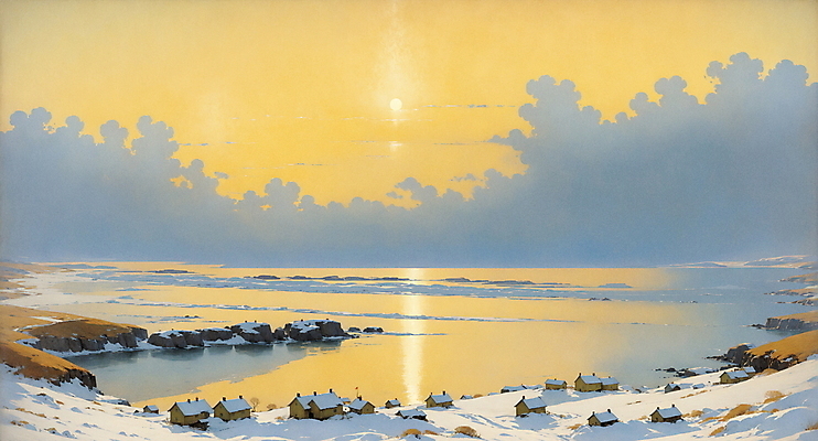 JPG 나무 구름 바다 겨울 일러스트 자연 하늘 풍경 사람없음 태양 노을 고요 시골 목가 국내일러스트 AI일러스트 AI콘텐츠 자연요소 식물 계절 생태계 파일형식