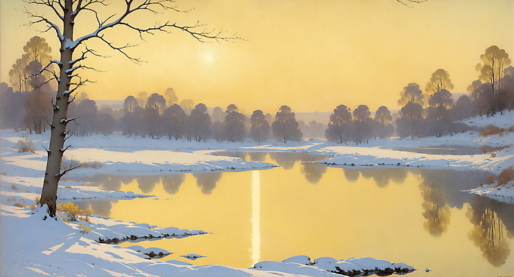 JPG 나무 호수 겨울 일러스트 자연 하늘 풍경 사람없음 태양 노을 고요 시골 목가 국내일러스트 AI일러스트 AI콘텐츠 자연요소 식물 계절 생태계 파일형식