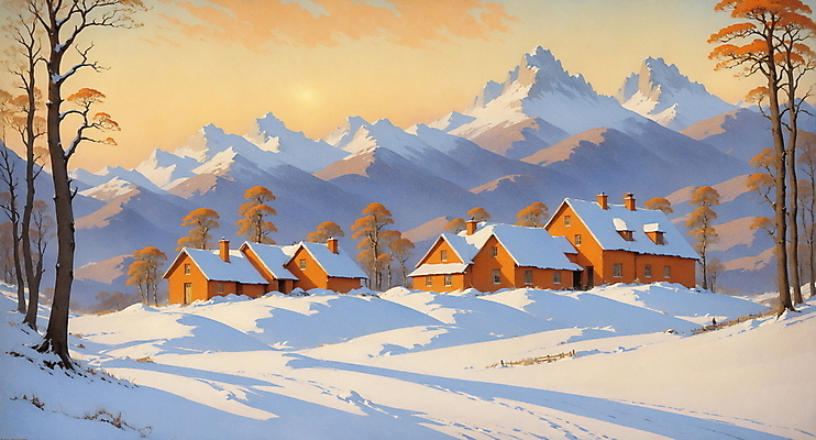 JPG 나무 구름 겨울 일러스트 자연 하늘 산 주택 풍경 사람없음 노을 고요 시골 목가 국내일러스트 AI일러스트 AI콘텐츠 자연요소 식물 계절 건물 생태계 파일형식