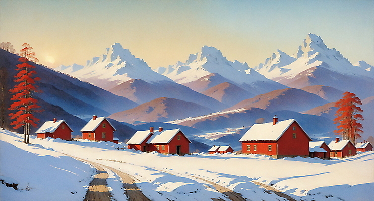 JPG 나무 겨울 일러스트 자연 하늘 산 주택 풍경 사람없음 노을 고요 시골 목가 국내일러스트 AI일러스트 AI콘텐츠 자연요소 식물 계절 건물 생태계 파일형식