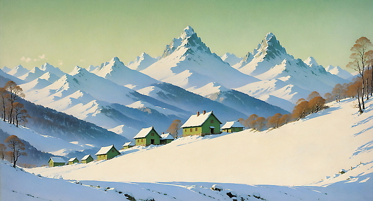 JPG 나무 겨울 일러스트 자연 하늘 산 주택 풍경 사람없음 고요 시골 목가 국내일러스트 AI일러스트 AI콘텐츠 식물 계절 건물 생태계 파일형식