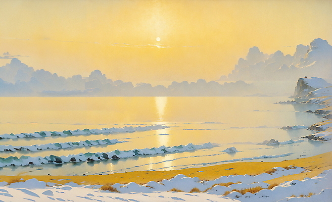 JPG 구름 바다 겨울 일러스트 자연 하늘 풍경 사람없음 태양 노란색 노을 고요 시골 목가 국내일러스트 AI일러스트 AI콘텐츠 자연요소 계절 컬러 생태계 파일형식