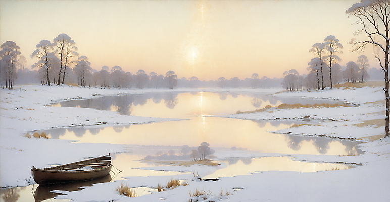 JPG 나무 호수 겨울 일러스트 자연 하늘 풍경 사람없음 노을 고요 흰색 시골 선박 목가 국내일러스트 AI일러스트 AI콘텐츠 자연요소 식물 계절 컬러 수상교통 생태계 파일형식