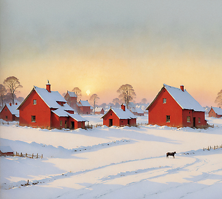 JPG 겨울 일러스트 자연 하늘 주택 풍경 사람없음 노을 고요 시골 목가 국내일러스트 AI일러스트 AI콘텐츠 자연요소 계절 건물 생태계 파일형식