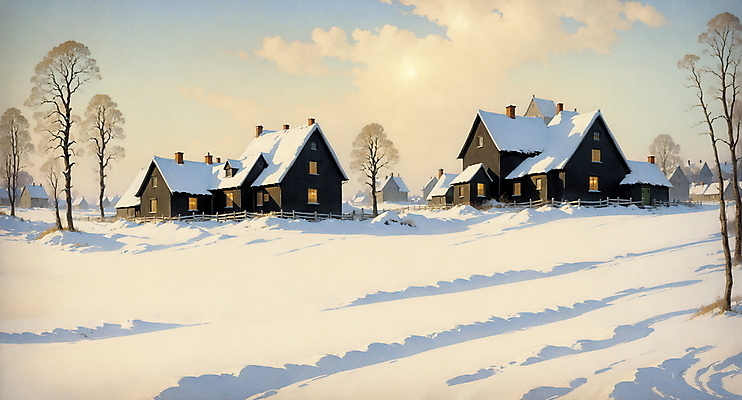 JPG 나무 구름 겨울 일러스트 자연 하늘 주택 풍경 사람없음 고요 시골 목가 국내일러스트 AI일러스트 AI콘텐츠 자연요소 식물 계절 건물 생태계 파일형식