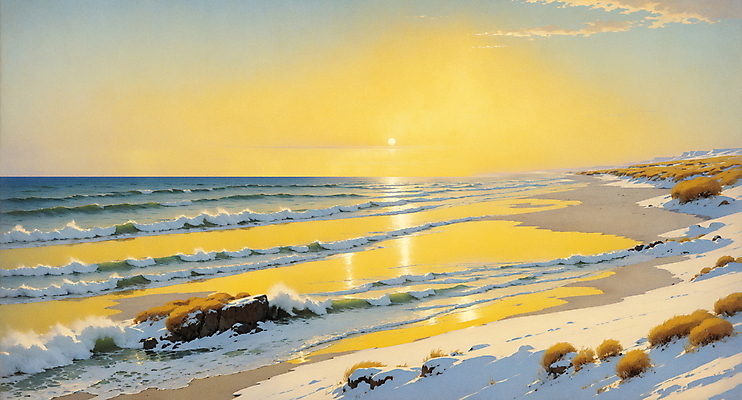 JPG 바다 겨울 일러스트 자연 하늘 풍경 사람없음 태양 노란색 노을 고요 시골 목가 국내일러스트 AI일러스트 AI콘텐츠 자연요소 계절 컬러 생태계 파일형식