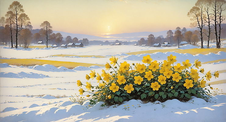 JPG 나무 꽃 겨울 일러스트 자연 하늘 풍경 사람없음 노을 고요 시골 목가 국내일러스트 AI일러스트 AI콘텐츠 자연요소 식물 계절 생태계 파일형식