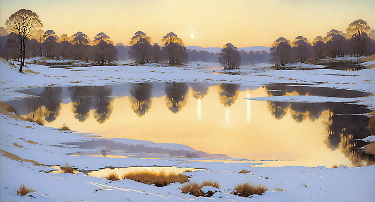 JPG 나무 호수 겨울 일러스트 자연 하늘 산 풍경 사람없음 노을 고요 시골 목가 국내일러스트 AI일러스트 AI콘텐츠 자연요소 식물 계절 생태계 파일형식