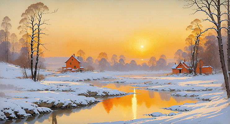 JPG 나무 호수 겨울 일러스트 자연 하늘 산 주택 풍경 사람없음 태양 노을 주황색 고요 시골 목가 국내일러스트 AI일러스트 AI콘텐츠 자연요소 식물 계절 컬러 건물 생태계 파일형식