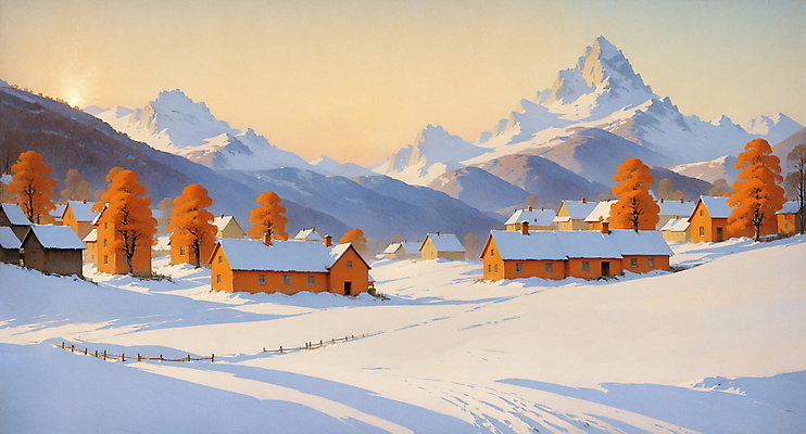 JPG 나무 겨울 일러스트 자연 하늘 산 주택 풍경 사람없음 노을 고요 시골 목가 국내일러스트 AI일러스트 AI콘텐츠 자연요소 식물 계절 건물 생태계 파일형식