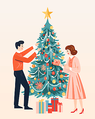전신 PSD 커플 여자 남자 행복 별 겨울 일러스트 서기 들기 이벤트 성인 두명 선물상자 크리스마스트리 파티 꾸미기 성인만 오너먼트 국내일러스트 자연요소 계절 감정 크리스마스장식 크리스마스 관계 모션 선물 사람 상자 파일형식