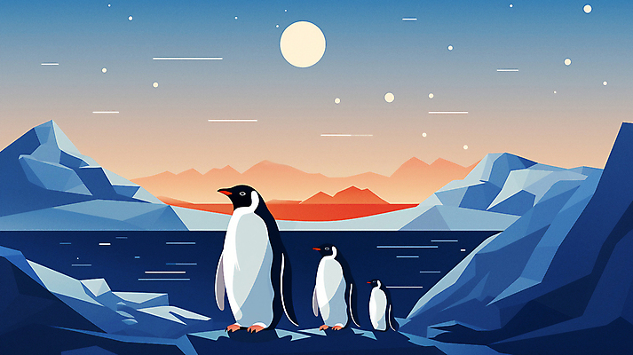 JPG 일러스트 밤하늘 하늘 세마리 사람없음 얼음 일몰 달 눈 남극 펭귄 빙하 빙산 국내일러스트 AI일러스트 AI콘텐츠 자연요소 조류 날씨 3 노을 야간 극지방 파일형식
