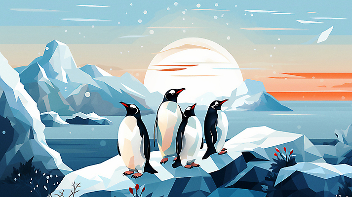 JPG 여러마리 일러스트 하늘 사람없음 태양 얼음 일몰 눈 남극 펭귄 빙하 빙산 국내일러스트 AI일러스트 AI콘텐츠 자연요소 다수 조류 날씨 노을 극지방 파일형식