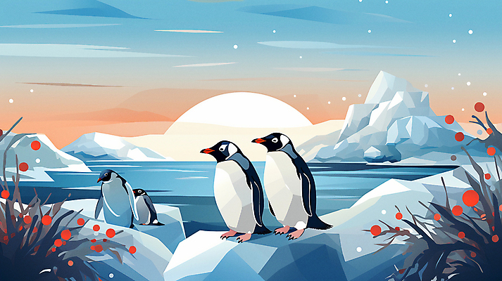 JPG 여러마리 일러스트 하늘 사람없음 얼음 일몰 눈 남극 펭귄 빙하 빙산 국내일러스트 AI일러스트 AI콘텐츠 자연요소 다수 조류 날씨 노을 극지방 파일형식