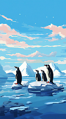 JPG 구름 여러마리 일러스트 하늘 사람없음 얼음 눈 남극 펭귄 빙하 빙산 국내일러스트 AI일러스트 AI콘텐츠 자연요소 다수 조류 날씨 극지방 파일형식