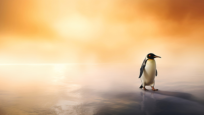 JPG 편집이미지 한마리 백그라운드 사람없음 노을 남극 펭귄 빙하 편집실사 AI포토 AI콘텐츠 자연요소 1 조류 극지방 CG 파일형식