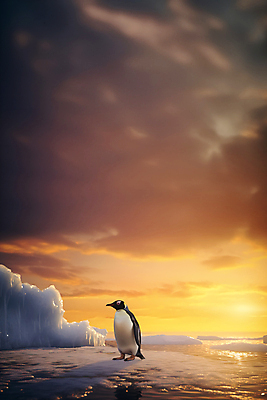 JPG 편집이미지 한마리 백그라운드 사람없음 노을 남극 펭귄 빙하 빙산 편집실사 AI포토 AI콘텐츠 자연요소 1 조류 극지방 CG 파일형식