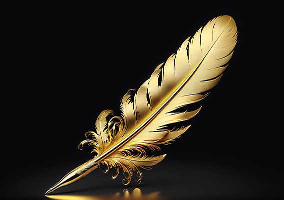 JPG 편집이미지 이벤트 사람없음 펜 금색 행운 황금 깃털 오브젝트 깃펜 편집실사 AI컴퓨터그래픽 AI콘텐츠 컬러 컨셉 필기구 CG 파일형식