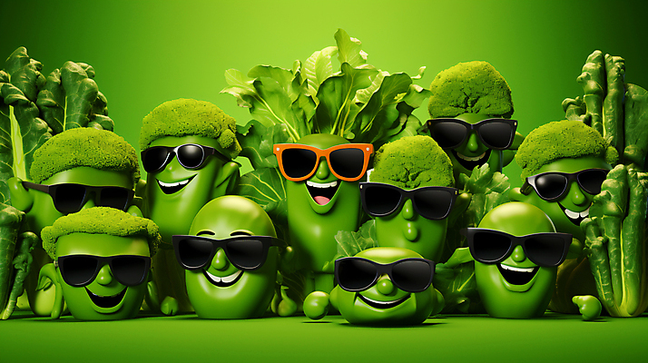 JPG 편집이미지 캐릭터 채소 의인화 사람없음 초록색 선글라스 신선 채소캐릭터 이미지편집 편집실사 AI컴퓨터그래픽 AI콘텐츠 안경 컬러 CG 파일형식