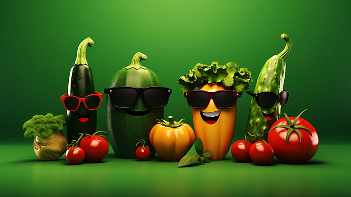 JPG 편집이미지 캐릭터 토마토 채소 호박 가지 오이 의인화 사람없음 초록색 선글라스 신선 채소캐릭터 이미지편집 편집실사 AI컴퓨터그래픽 AI콘텐츠 안경 컬러 CG 파일형식
