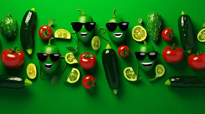 JPG 편집이미지 캐릭터 토마토 채소 가지 의인화 사람없음 초록색 선글라스 신선 채소캐릭터 이미지편집 편집실사 AI컴퓨터그래픽 AI콘텐츠 안경 컬러 CG 파일형식