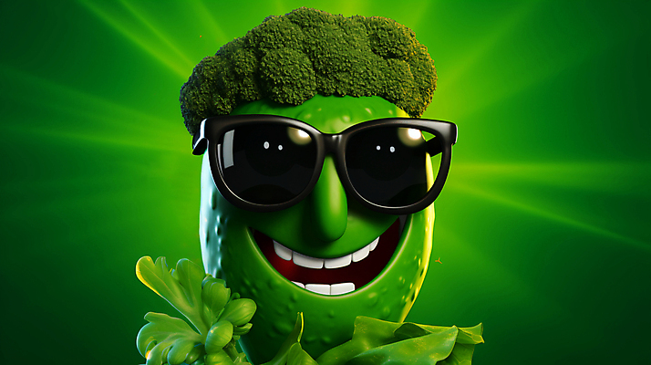 JPG 편집이미지 캐릭터 채소 의인화 사람없음 초록색 선글라스 신선 채소캐릭터 이미지편집 편집실사 AI컴퓨터그래픽 AI콘텐츠 안경 컬러 CG 파일형식