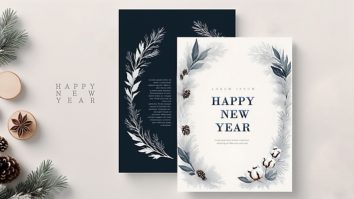 PSD 편집이미지 잎 겨울 새해 프레임 사람없음 축하 남색 연하장 디지털합성 솔방울 해피뉴이어 목화꽃 편집소스 이미지편집 카드프레임 식물 계절 꽃 컬러 컨셉 카드_감사 새해인사 파일형식