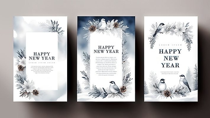 PSD 편집이미지 잎 겨울 여러마리 조류 새해 프레임 사람없음 축하 남색 연하장 디지털합성 솔방울 해피뉴이어 편집소스 이미지편집 카드프레임 식물 동물 계절 컬러 다수 컨셉 카드_감사 새해인사 파일형식