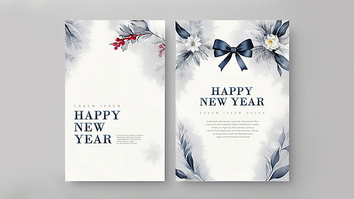 PSD 편집이미지 열매 꽃 리본 잎 겨울 새해 사람없음 축하 남색 연하장 디지털합성 해피뉴이어 편집소스 이미지편집 카드프레임 식물 계절 컬러 컨셉 카드_감사 프레임 새해인사 파일형식