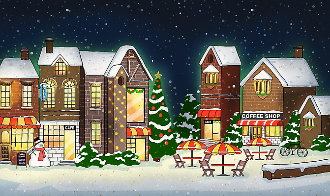 PSD 나무 일러스트 눈사람 밤하늘 사람없음 건물 크리스마스트리 마을 자전거 카페 야간 야외테이블 눈내림 카페거리 겨울풍경 눈덮임 국내일러스트 자연요소 식물 건축물 컨셉 크리스마스 겨울 탁자 하늘 거리 눈_날씨 풍경 상점 바이크 파일형식