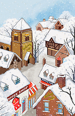 PSD 나무 가로등 일러스트 사람없음 건물 마을 카페 파라솔 눈내림 카페거리 겨울풍경 눈덮임 국내일러스트 식물 건축물 공공시설 컨셉 겨울 거리 눈_날씨 풍경 상점 파일형식