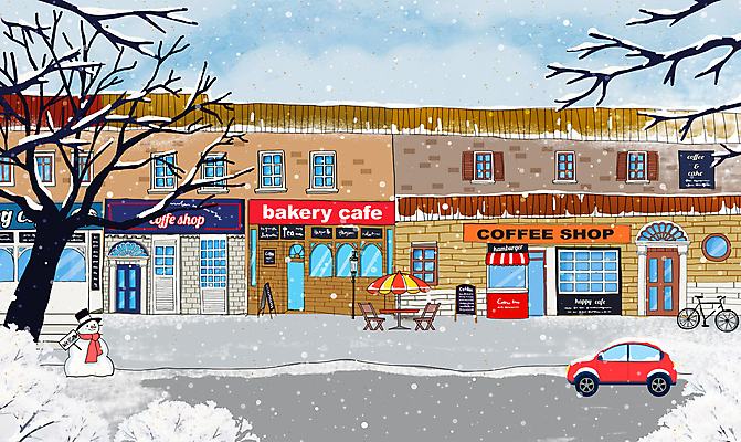 PSD 나무 도로 일러스트 자동차 눈사람 간판 사람없음 건물 마을 자전거 카페 파라솔 야외테이블 눈내림 카페거리 겨울풍경 눈덮임 국내일러스트 식물 건축물 길 육상교통 컨셉 겨울 교통시설 탁자 거리 눈_날씨 풍경 상점 바이크 파일형식