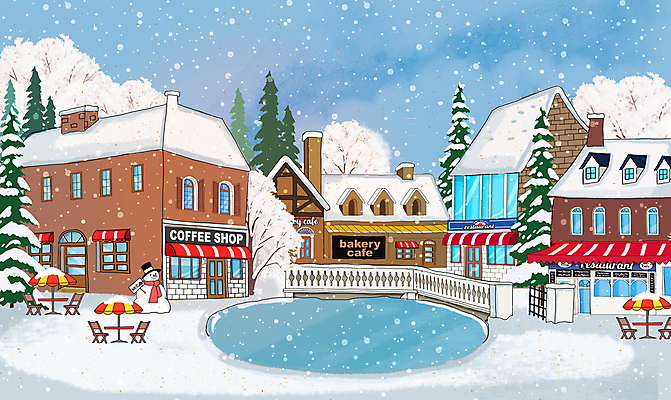 PSD 나무 일러스트 눈사람 사람없음 건물 울타리 마을 카페 파라솔 빙판 야외테이블 눈내림 카페거리 겨울풍경 눈덮임 국내일러스트 식물 건축물 컨셉 겨울 탁자 거리 눈_날씨 풍경 담장 상점 파일형식