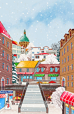 PSD 나무 일러스트 눈사람 사람없음 건물 계단 마을 카페 파라솔 야외테이블 눈내림 카페거리 겨울풍경 눈덮임 국내일러스트 식물 건축물 컨셉 겨울 탁자 거리 눈_날씨 풍경 상점 파일형식