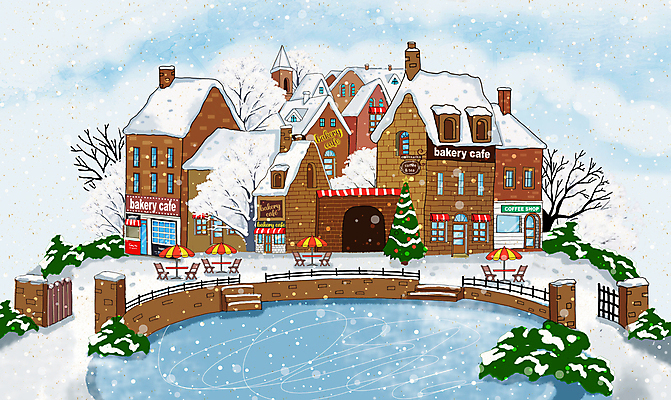 PSD 나무 일러스트 사람없음 건물 담장 크리스마스트리 마을 카페 파라솔 풀 빙판 야외테이블 눈내림 카페거리 겨울풍경 눈덮임 국내일러스트 식물 건축물 컨셉 크리스마스 겨울 탁자 거리 눈_날씨 풍경 상점 파일형식