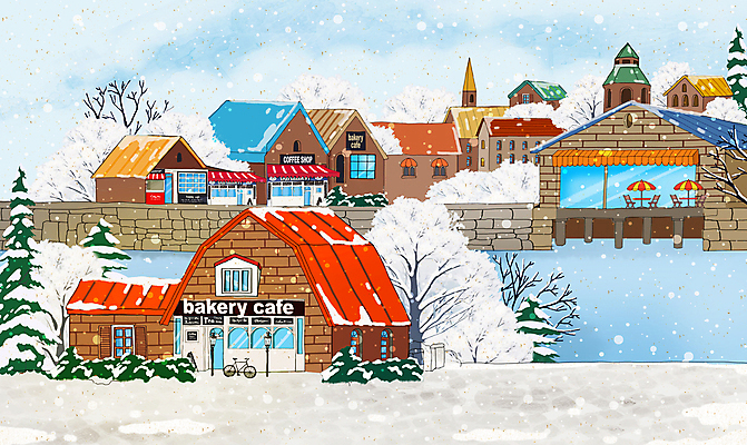 PSD 나무 일러스트 사람없음 건물 강 마을 자전거 카페 파라솔 야외테이블 눈내림 카페거리 겨울풍경 눈덮임 국내일러스트 식물 건축물 컨셉 겨울 탁자 거리 눈_날씨 풍경 상점 바이크 파일형식