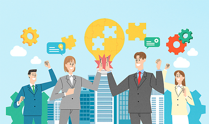 구름 여자 남자 하늘색 일러스트 회사 전구 응원 협력 함께함 정장 빌딩 여러명 상반신 성인 건물 파이팅 비즈니스맨 비즈니스우먼 동료 톱니바퀴 퍼즐조각 하이파이브 성인만 국내일러스트 AI파일 자연요소 건축물 옷 조각 다수 컨셉 비즈니스 관계 모션 사람 손짓 파란색 직장인 퍼즐 파일형식 벡터