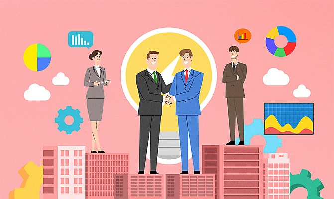 전신 구름 여자 남자 분홍색 말풍선 일러스트 회사 전구 그래프 협력 악수 함께함 협상 서기 들기 정장 여러명 성인 건물 턱괴기 비즈니스맨 비즈니스우먼 주식 동료 톱니바퀴 계약체결 서류판 성인만 국내일러스트 AI파일 자연요소 건축물 옷 컬러 다수 컨셉 비즈니스 관계 모션 사람 손짓 금융 사무용품 직장인 계약 파일형식 벡터