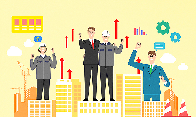 전신 구름 여자 남자 화살표 말풍선 일러스트 회사 응원 어깨동무 협력 함께함 정장 여러명 상반신 성인 건물 노란색 파이팅 주먹 사무원 비즈니스맨 비즈니스우먼 안전모 동료 톱니바퀴 상승 건축설계사 칼라콘 성인만 건설근로자 국내일러스트 AI파일 자연요소 직업 건축물 옷 컬러 포즈 다수 컨셉 비즈니스 관계 모션 사람 직장인 헬멧 안전장비 건축가 파일형식 벡터