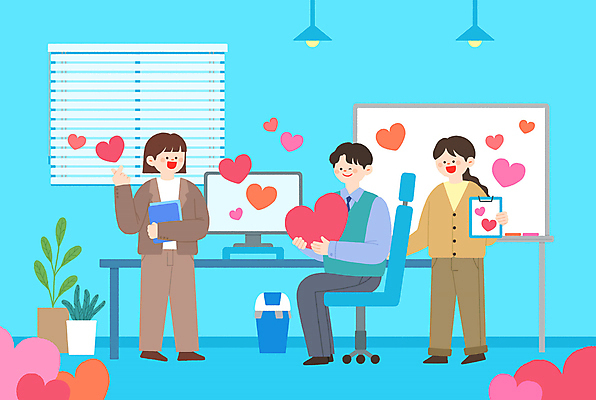PSD 여자 남자 행복 화분 의자 일러스트 회사 조명 서기 들기 성인 세명 컴퓨터 사무실 모니터 화목 쓰레기통 하트 업무 블라인드 비즈니스맨 비즈니스우먼 책상 문서 화이트보드 손하트 서류판 성인만 국내일러스트 모양 감정 가구 컨셉 비즈니스 모션 사람 손짓 전자제품 사무용품 작업 커튼 직장인 파일형식