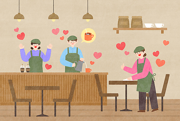 전신 PSD 여자 남자 행복 커피 의자 일러스트 탁자 조명 선반 상반신 성인 세명 갈색 손들기 화목 카페 머그컵 하트 작업 붓기 직원 바리스타 따봉 닦기 아르바이트 테이크아웃컵 행주 성인만 국내일러스트 모양 직업 감정 음료 컬러 가구 컨셉 모션 사람 컵 상점 최고 청소도구 파일형식