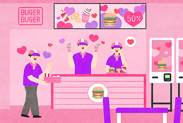 전신 PSD 여자 남자 행복 분홍색 일러스트 탁자 아이스크림 패스트푸드 쟁반 들기 상반신 성인 세명 걷기 화목 햄버거 하트 작업 계산대 직원 메뉴판 정리 키오스크 패스트푸드점 햄버거가게 성인만 국내일러스트 모양 감정 컬러 가구 컨셉 모션 디저트 사람 상점 식당 인스턴트 파일형식