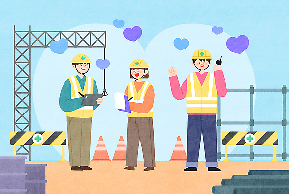 전신 PSD 여자 남자 행복 일러스트 공사 들기 안전 성인 세명 화목 건설현장 하트 기록 작업 중장비 안전모 무전기 안전가드 서류판 칼라콘 성인만 건설근로자 국내일러스트 모양 직업 감정 컨셉 모션 무선통신 건설업 사람 사무용품 산업장비 헬멧 안전장비 파일형식